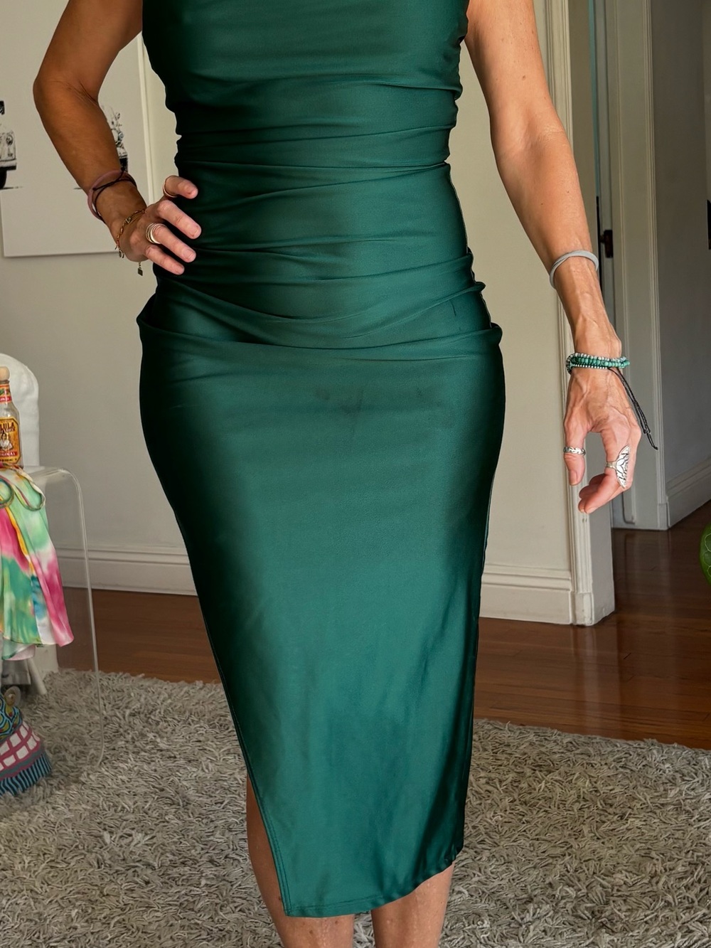 Women's Emerald Green Ruched Midi Dress